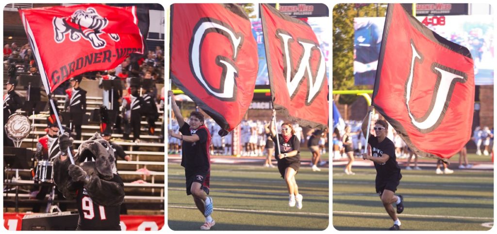 A photo collage featuring the GWU Mascot and students holding GWU flagsstud