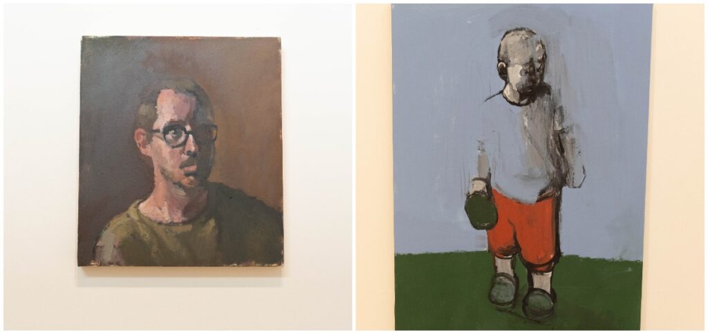 two paintings by Matthew Jones, one is a self-portrait and the other is of a child